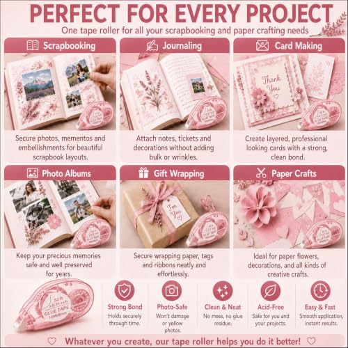 MARCADORUS Glue Tape Roller, Double Sided Tape Scrapbook 4 Pack Extra Long - size: 52.5 Ft x 0.31 In : 4 Pack