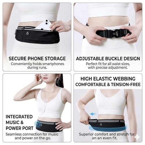 Running Belt with Resistance Band Bundle - Slim Water-Resistant Waist Pack for Women & Men, No-Bounce Adjustable Phone Holder Fits iPhone 15 Pro Max, Glute Activation Loop for Yoga & Fitness - color: Black