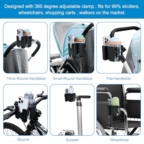 Accmor Stroller Cup Holder, Universal Cup Holder for Walker Wheelchair Bike Scooter, 360° Rotatable Stroller Cup Holder Attachment Walker Wheelchair Accessory - color: Black