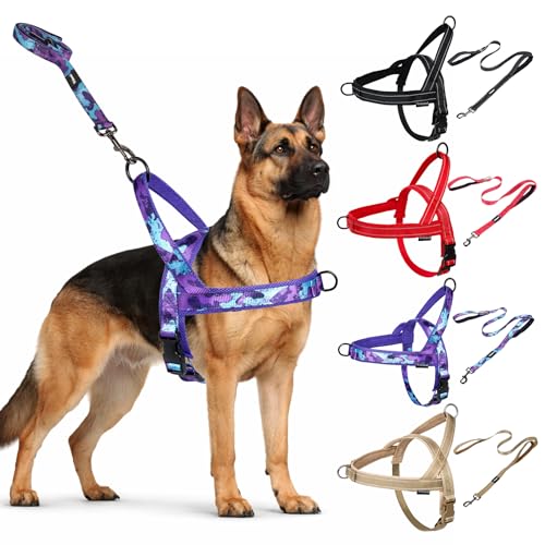 No Pull Dog Harness and Leash Set with Seatbelt Clip,Camo Purple,XL - color: No Reflective-Camo Purple, size: XL:Belly Chest-30.6''-39.2''
