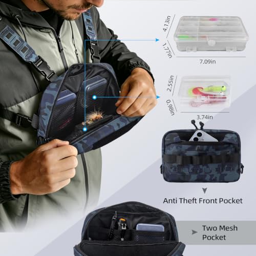 Outdoor Chest Bag for Men, Water-Resistant Fishing Chest Pack, Tactical Vest for Running, Cycling, Hiking - color: Blue Camo