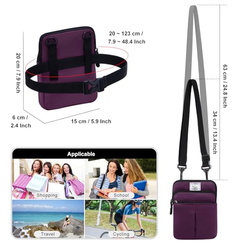KAMO Multifunction Phone Waist Bag - Diagonal Cross Body Smart Phone Case - Outdoor Bag with Triple Zip - Hipster Crossbody Purse for Women & Men - color: Dark Purple