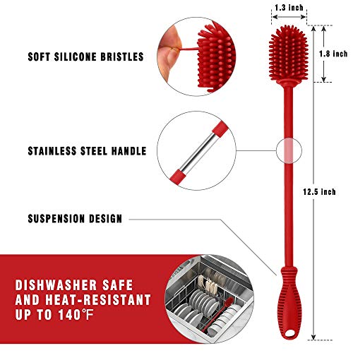 Silicone Bottle Cleaning Brush with Long Handle, BPA Free 12.5" Water Bottle Cleaner for Baby Bottles, Hydro Flask, Sports Bottle, Vase, Glassware, Perfect for Smaller Diameter Bottle Openings (Red) - color: Red