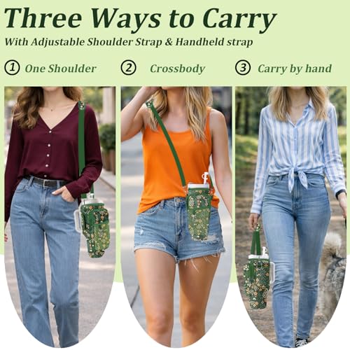 Water Bottle Carrier Bag for Stanley 40/30oz Cup Tumbler with Phone Pocket,Insulated Crossbody Water Bottle Holder with Adjustable Strap,Water Bottle Sling Pouch for Hiking Walking Camping Accessories - color: Green Flowers