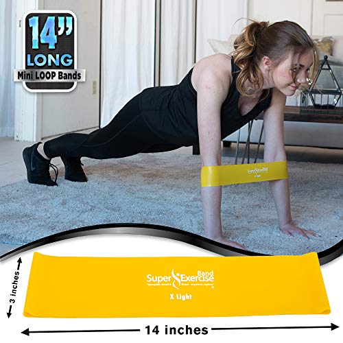 USA 14" x 3" Extra Long Latex Free Mini Loop Bands in 3, 5, 10 Pack Sets. 10 Strengths for Resistance Training, Stretching, Yoga, Toning. Plus an Exclusive iPhone App and E-Book. - color: f. Yellow X LIGHT Loop Band 5 Pack