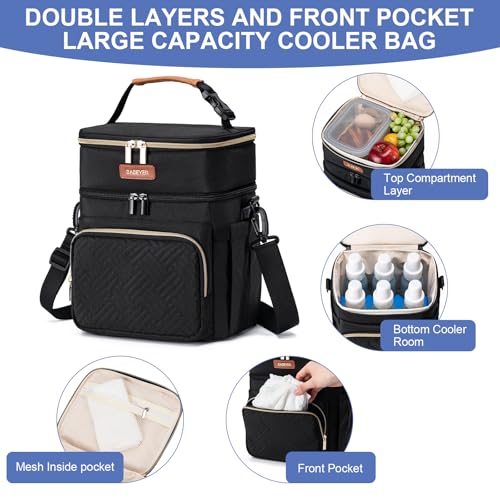 Breastmilk Cooler Bag with Ice Pack Fits 6 Baby Bottles Up to 9 Ounce, Double Deck Leak-Proof Baby Bottles Bag with Shoulder Strap for Nursing & Working Mom, - color: Black with pocket