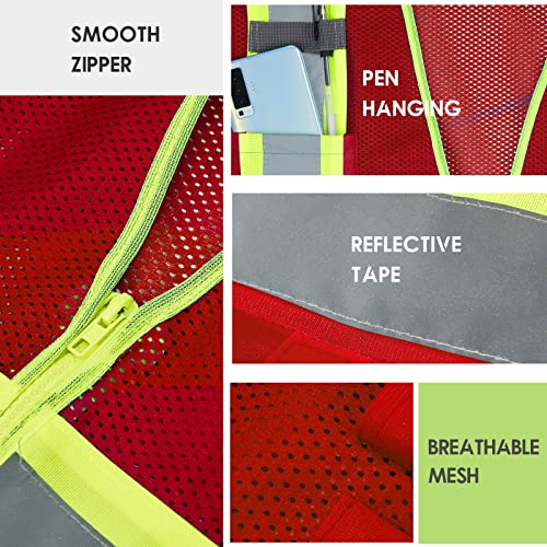 High Visibility Reflective Safety Vest with Zipper and Pockets Red,M - color: Red, size: Medium