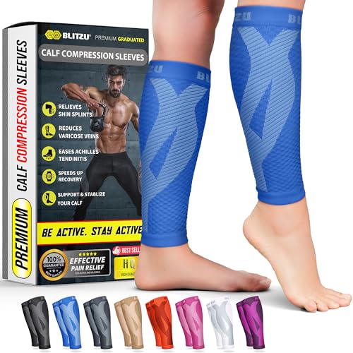 BLITZU Calf Compression Sleeves, Footless Compression Socks for Men & Women - color: Blue, size: Large/X-Large