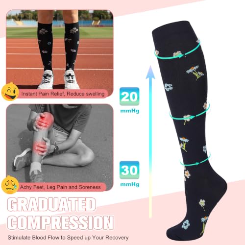 6 Pairs Compression Socks for Women Men Knee High - color: Flowers, size: Large-X-Large