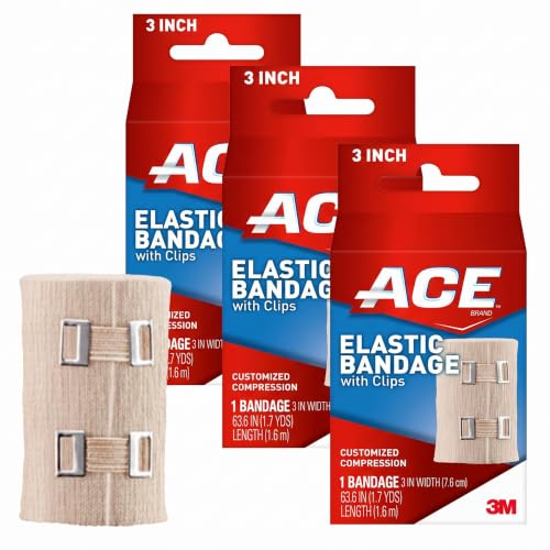 ACE 3 Inch Elastic Bandage with Clips, Beige, Great for Elbow, Ankle, Knee and More, Ideal for Sports, Comfortable Design with Soft Feel, Wash and Reuse (Pack of 3) - size: 3" (Pack of 3)