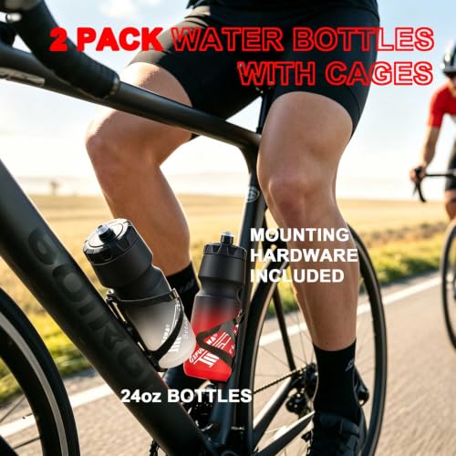 Bike Water Bottle 24oz Squeeze Leakproof Road Cycling Bottles with Cages - color: Black/White+Black/Red, size: 2‑Pack with Cages
