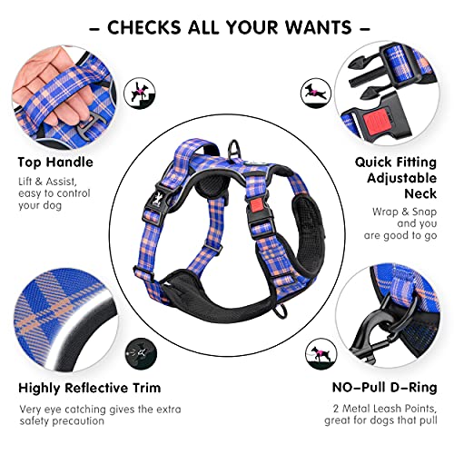 PoyPet Plaid Dog Harness Small, No Pull Vest with Front Clip & Neck Buckle - color: Checkered Blue & Orange, size: S