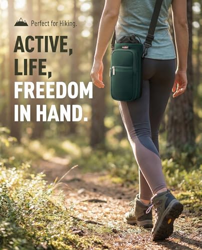 AUPET Water Bottle Sling Bag Sleeve Holder Carrier 25/32/40/64 oz,Insulated Crossbody Water Bottle Case Cover with Strap and Pockets for Men/Women Walking Hiking - color: Dark Emerald Green, size: 64oz