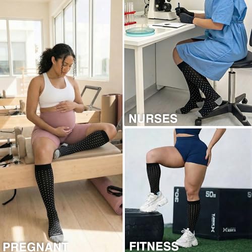 LEVSOX Bamboo Viscose Wide Calf Compression Socks 20-30 mmHg with Cushioned - color: Black Polka Dots, size: Medium