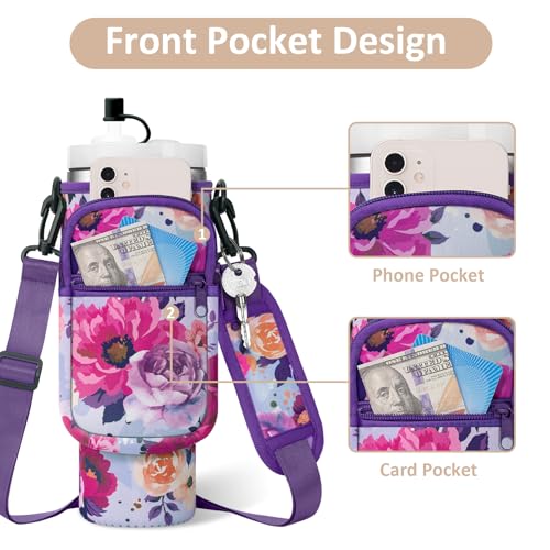 AceTreker Water Bottle Carrier Bag with Strap for Stanley 40/30 oz Tumbler Neoprene Insulated Cup Holder Sleeve with Phone Pocket & Straw Cover for Stanley Cup Accessories - color: 02-Purple Rose, style: 30 Oz