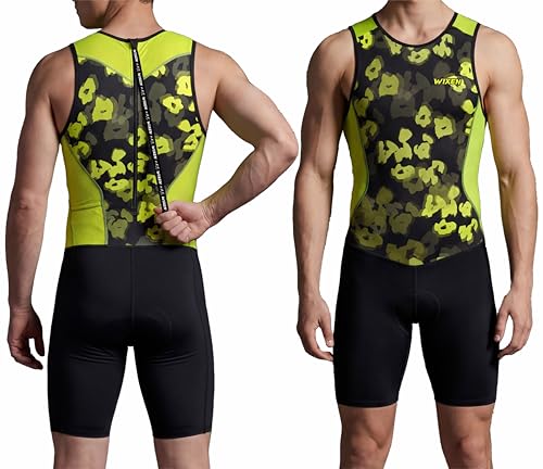 Wixen Men's Performance Triathlon Suit Sleeveless Tri Suit Padded Quick Dry Run Swim Bike - color: Volt Camo, size: Large