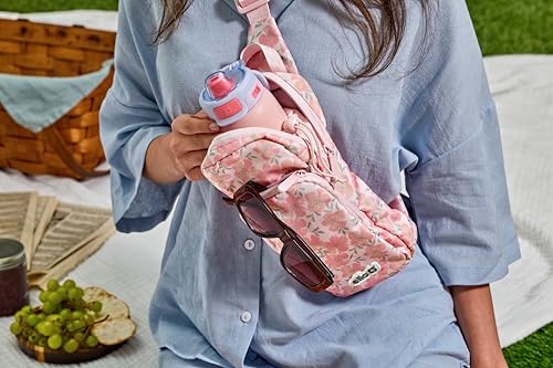 Ello Crossbody Sling Water Bottle Bag | Fits 24oz | Pockets, Adjustable Strap, Drawstring Fastener, Machine Washable - color: Petal Cascade