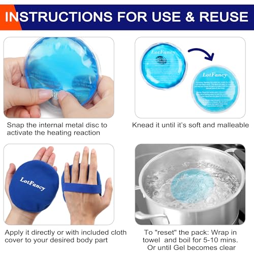 LotFancy Reusable Hand Warmer, 6 Click Activated Instant Heat Packs and 1 Wrap, Gel Heating Pad, Snap Hot Therapy Compress for Pain Relief, Outdoor & Small Portable Size - style: 6 Round+1 Wrap