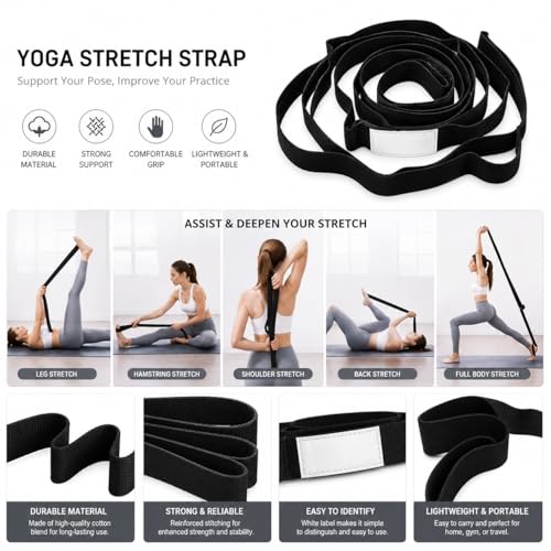 Stretching Strap Yoga Strap with Loops, Stretch Straps, Non-Elastic Exercise Strap for Pilates, Dance and Gymnastics - Black