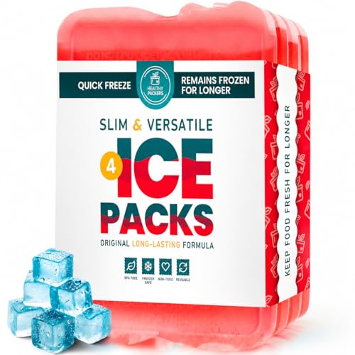 Healthy Packers Ice Packs for Lunch Boxes, Slim Cooler Ice Packs - color: Red (4 Pack)
