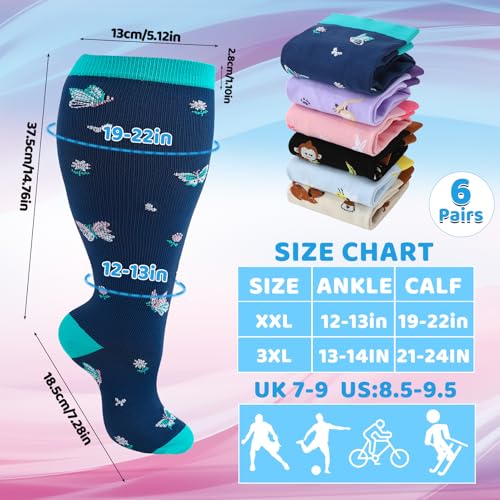 Jspupifip 6 Pairs Plus Size Compression Socks for Women, Wide Calf - color: Pink, Purple, White, Blue, Black, size: XX-Large