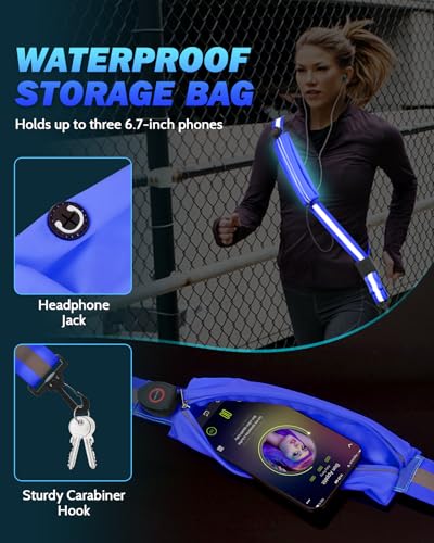 Fitense LED Reflective Belt Sash - 5 Lights Colors & 3 Light Modes High Visibility Night Safety Belt, Rechargeable Light Up Running Gear Adjustable Vest Straps for Runners Walkers Men Women - color: Blue, style: Pouch