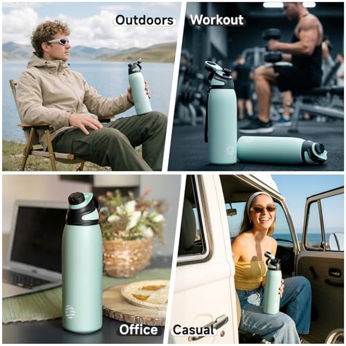 FJbottle 32oz Stainless Steel Insulated Water Bottle No Straw Spout Lid - color: Mint Green, size: 32 Ounces