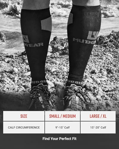 MudGear Compression Calf Sleeves, Premium Support for Running and Recovery, for Spartan Race, Trail and OCR Athletes, 1 Pair - size: Large-X-Large