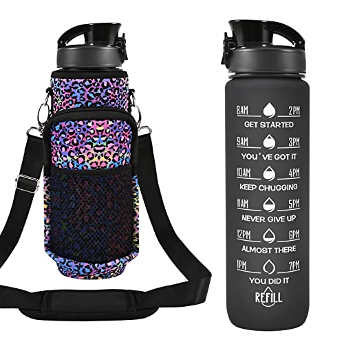 32 oz Water Bottles with Strap & Straw, Sport Motivational Water Bottles - color: Laser Leopard