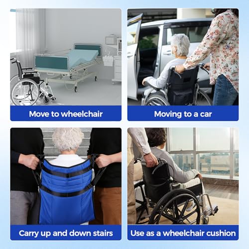 Patient Lift Transfer Pad with Reflective Strips, Transfer Sling for Elderly & Disabled, Stair Assist Evacuation Aid, Wheelchair to Bed Car Transfer Device, 8 Handles, 260 lbs - color: Blue Reflective
