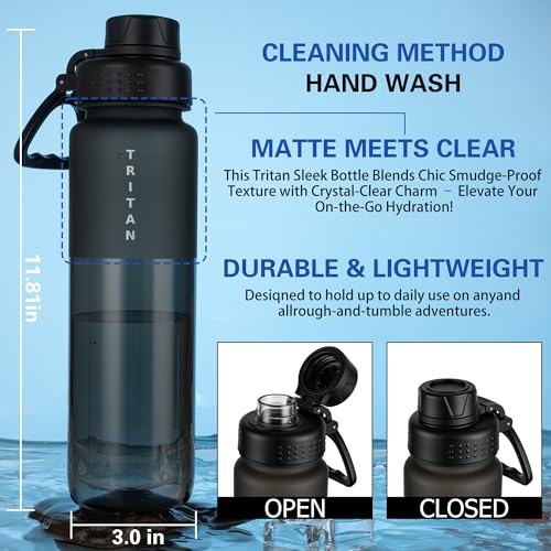 OLDLEY 32 oz Water Bottle with Handle, BPA-Free Tritan Reusable Sports Water Bottle with Leak-Proof Dust Lid, Wide Mouth, Cup Holder Friendly, Half Frosted Clear Bottle for Gym, Travel, Work,Black - color: Black