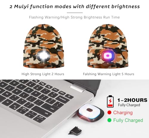 ATNKE LED Lighted Beanie Hat,USB Rechargeable 4 LED Red and Blue Flashing Running Headlamp Cap Gifts for Men and Women - color: #Camouflage Yellow