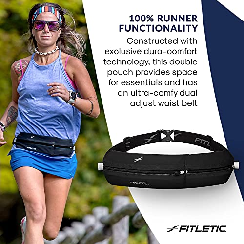 Fitletic Bolt Double Pocket Running Belt & Active Fanny Pack For Men & Women – Water Resistant, Lightweight Sleek Design – Patented No Bounce Hip Hugging Fit – Holds Any Phone - color: Black