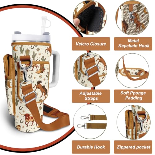 Water Bottle Carrier Bag for Stanley Cup 40/30oz, Neoprene Water Bottle Holder Pouch with 3 Pocket Adjustable Shoulder & Hand Strap - color: Cowboy Rodeo