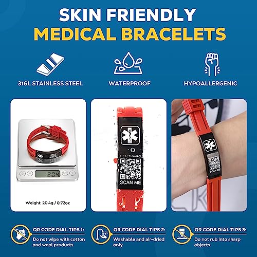 Medical Bracelets for Men Women with QR Code Medical Alert ID Bracelets - color: Flame Red Black