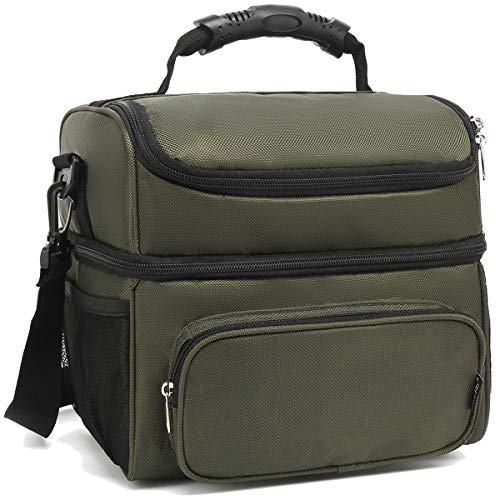 FlowFly Double Layer Cooler Insulated Lunch Bag Adult Lunch Box Large Tote Bag for Men, Women, With Adjustable Strap,Front Pocket and Dual Large Mesh Side Pockets - color: Army Green