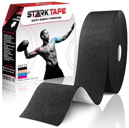 Original Kinesiology Athletic Tape. Professional Sports Tape for Ankle Wrist Knee Shoulder Muscles Joints. Latex Free, Waterproof, Stretchy, and Gentle on Skin. Up to 115 ft/Roll - color: Black - Uncut