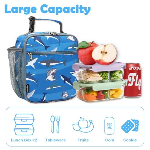 FlowFly Kids Lunch box Insulated Soft Bag Mini Cooler Back to School Thermal Meal Tote Kit for Girls, Boys, Shark - color: Shark