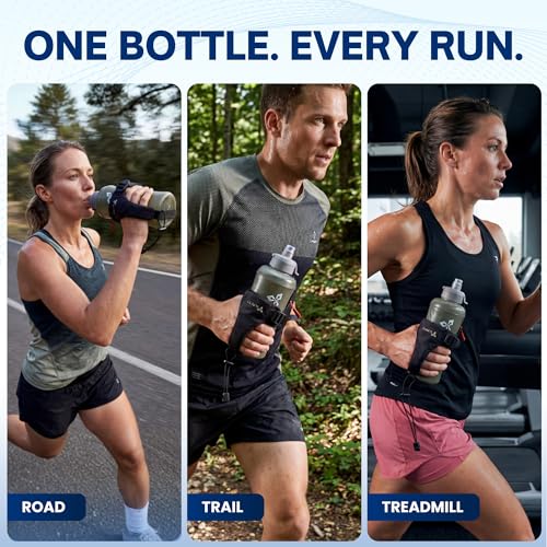 Handheld Running Water Bottle 18 oz – Grip-Free Collapsible Water Bottles for Running with Adjustable Strap & Thumbhole, Expandable Phone Pocket, Race Cap for One-Hand Drinking - color: Grey