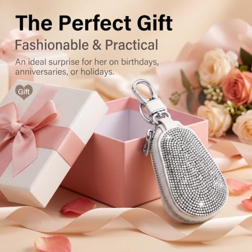 Bling Premium Leather Car Key Chain Case, Zipper Remote Key Wallet Bag with Coin Pocket, Multi-Functional Key Fob Holder Purse for Auto Keys Coins Cards (White) - color: White