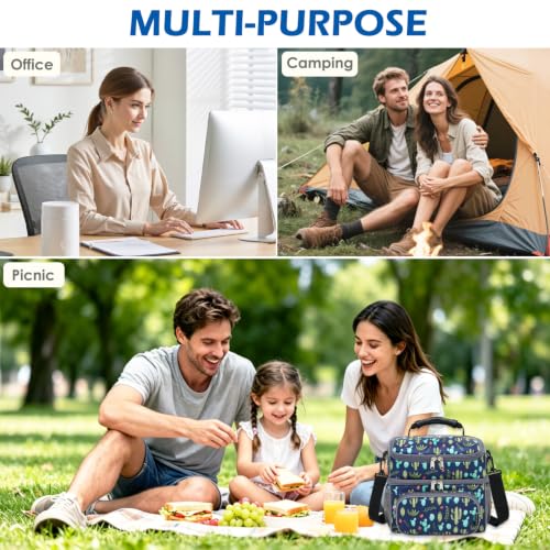 FlowFly Double Layer Cooler Insulated Lunch Bag Adult Lunch Box Large Tote Bag for Men, Women, With Adjustable Strap,Front Pocket and Dual Large Mesh Side Pockets - color: Cactus