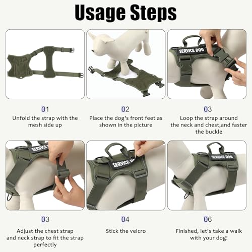 Service Dog Harness, Reflective Dog Vest Harness with 5 PCS Patches, Adjustable Soft Oxford Pet Harness, Inner Layer Mesh, Easy to Control - color: Army green, size: Medium (Pack of 1)