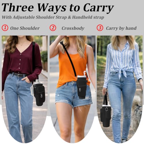 Water Bottle Carrier Bag for Stanley 40/30oz Cup Tumbler with Phone Pocket,Insulated Crossbody Water Bottle Holder with Adjustable Strap,Water Bottle Sling Pouch for Hiking Walking Camping Accessories - color: Black