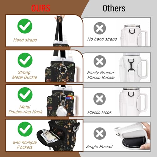 Water Bottle Carrier Bag for Stanley Cup 40/30oz, Neoprene Water Bottle Holder Pouch with 3 Pocket Adjustable Shoulder & Hand Strap - color: Retro Forest Mushroom