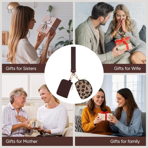 VUTUXA KeyChain Wallet Wristlet For Women Mini Zip Dual Pouch Coin Purse - color: Brown leopard + brown