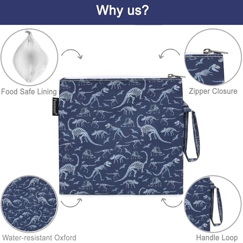Fammart Reusable Sandwich Bag/Snack Bag for Kids & Adults, Dual Layer Lunch Bag with Handle, Washable, Food Safe, BPA Free (2-Pack, Dinosaur Fossil) - color: Large, 2 Packs - Dinosaur Fossil