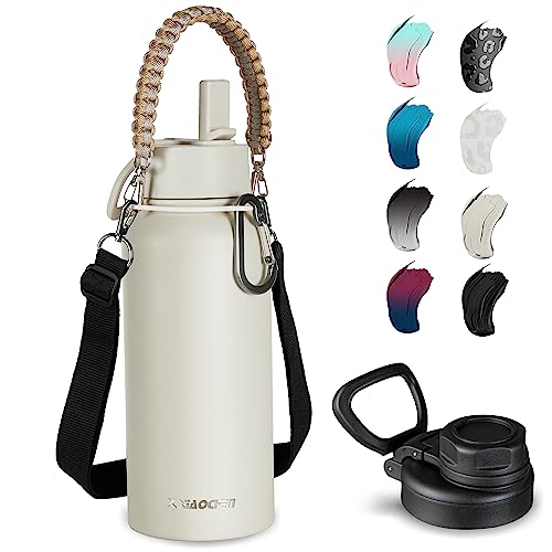KXIAOCHEN Insulated Water Bottle with Strap, 48-Hour Cold, 2 Lids - color: Cream, size: 32 Ounces