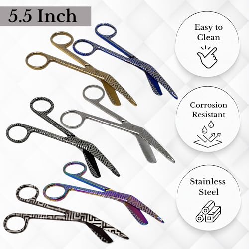 Bandage Scissors 5.5" Long Set of 6 Nurse Vet Tech Gift Made of Stainless Steel with Colorful Patterns First Aid Used For Cutting Gauze Tape Clothing Bandages Vet Wrap Adhesive Removal (Set 8) - style: Set 8