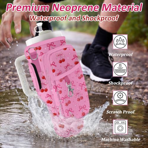 Water Bottle Carrier Bag for Stanley 40/30oz Cup Tumbler with Phone Pocket,Insulated Crossbody Water Bottle Holder with Adjustable Strap,Water Bottle Sling Pouch for Hiking Walking Camping Accessories - color: Pink Cherry Bow