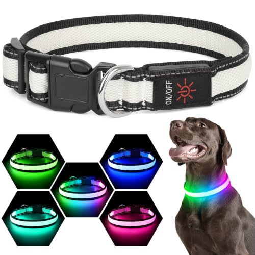 Flashseen Multicolor LED Light Up Dog Collar, RGB 9-Mode, USB Rechargable - color: White, size: Large